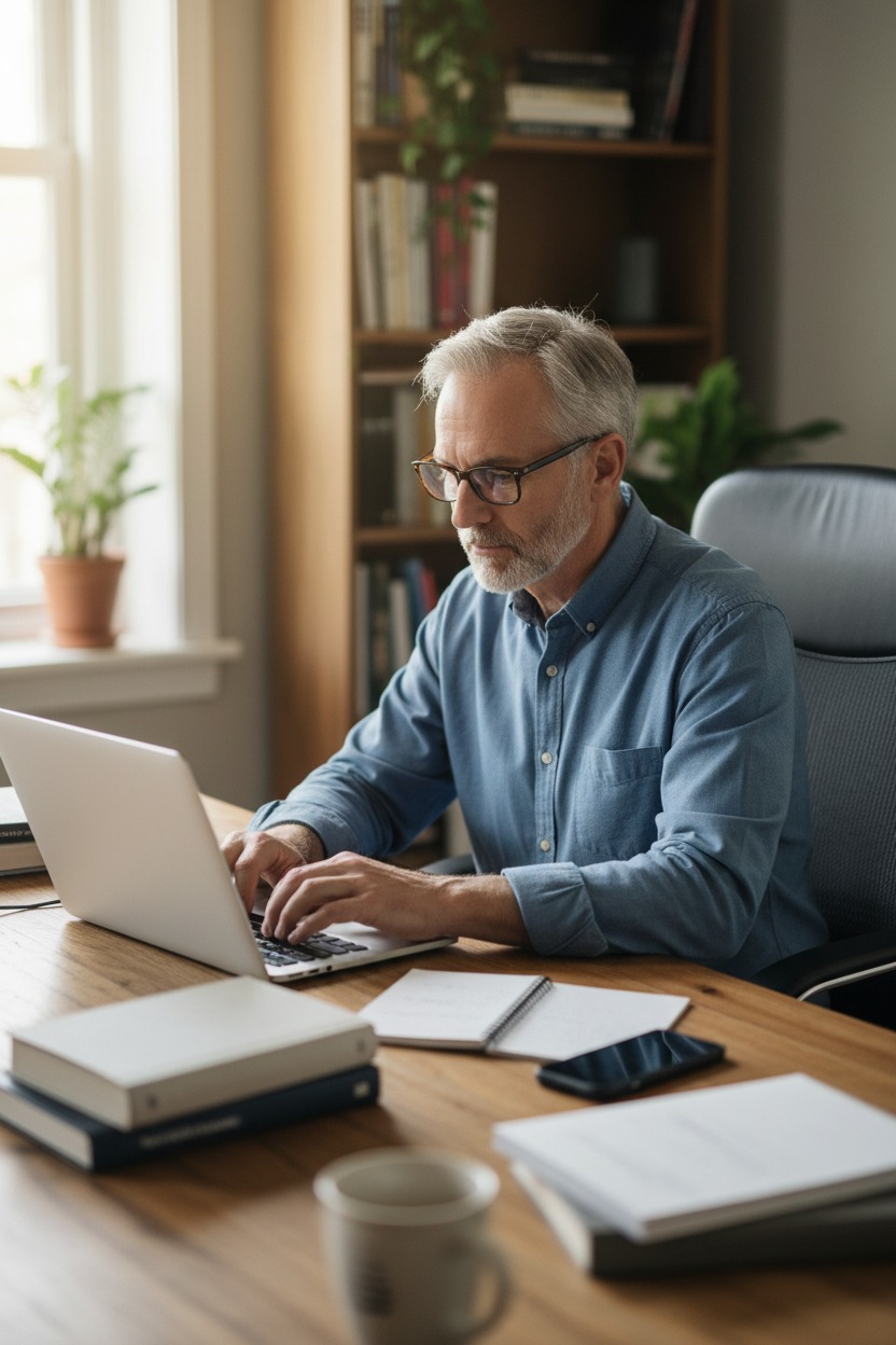Man sitting at desk, typing on a laptop